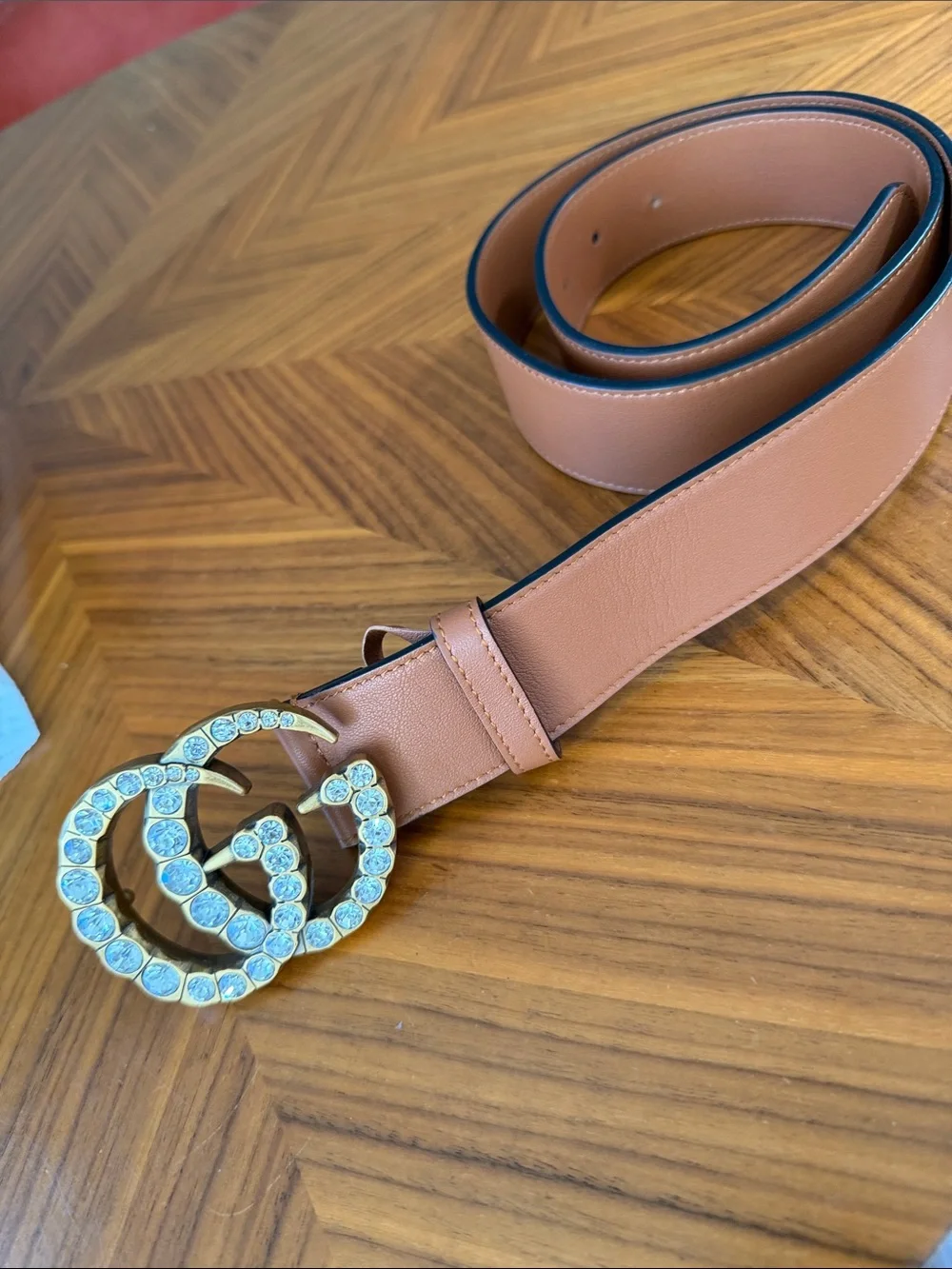 Designer-Inspired Tan Women's Leather marmot Belt with Crystal Double-G Buckle